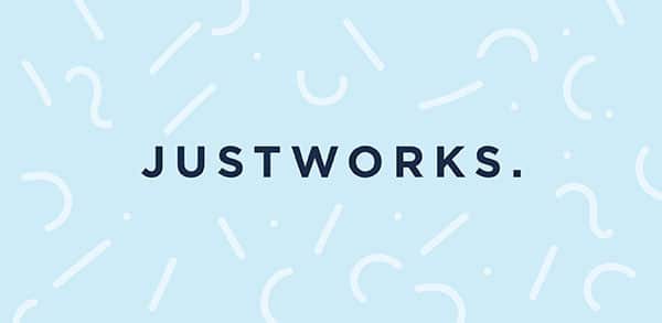 justwork, payroll services logo on light blue background